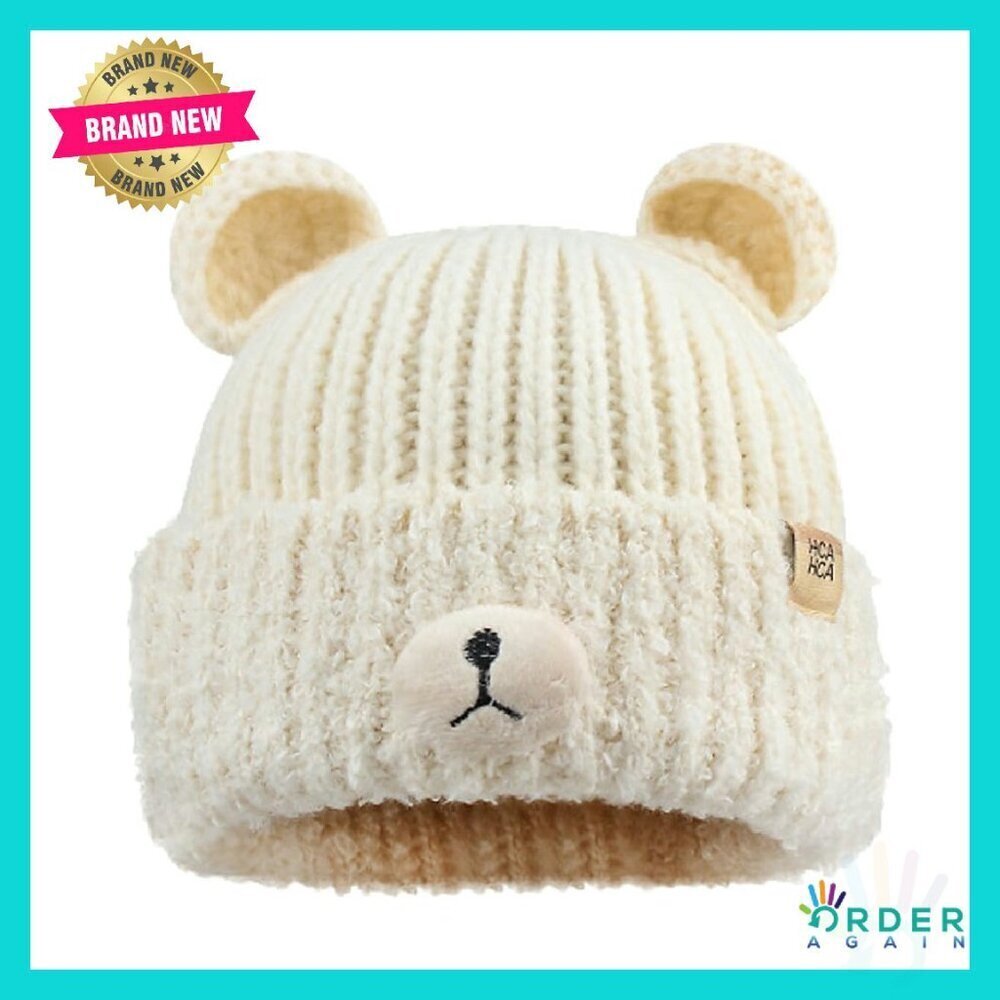 Crochet Bear Ear Beanie Slouchy Knit Hat Fuzzy Plush Winter Warm